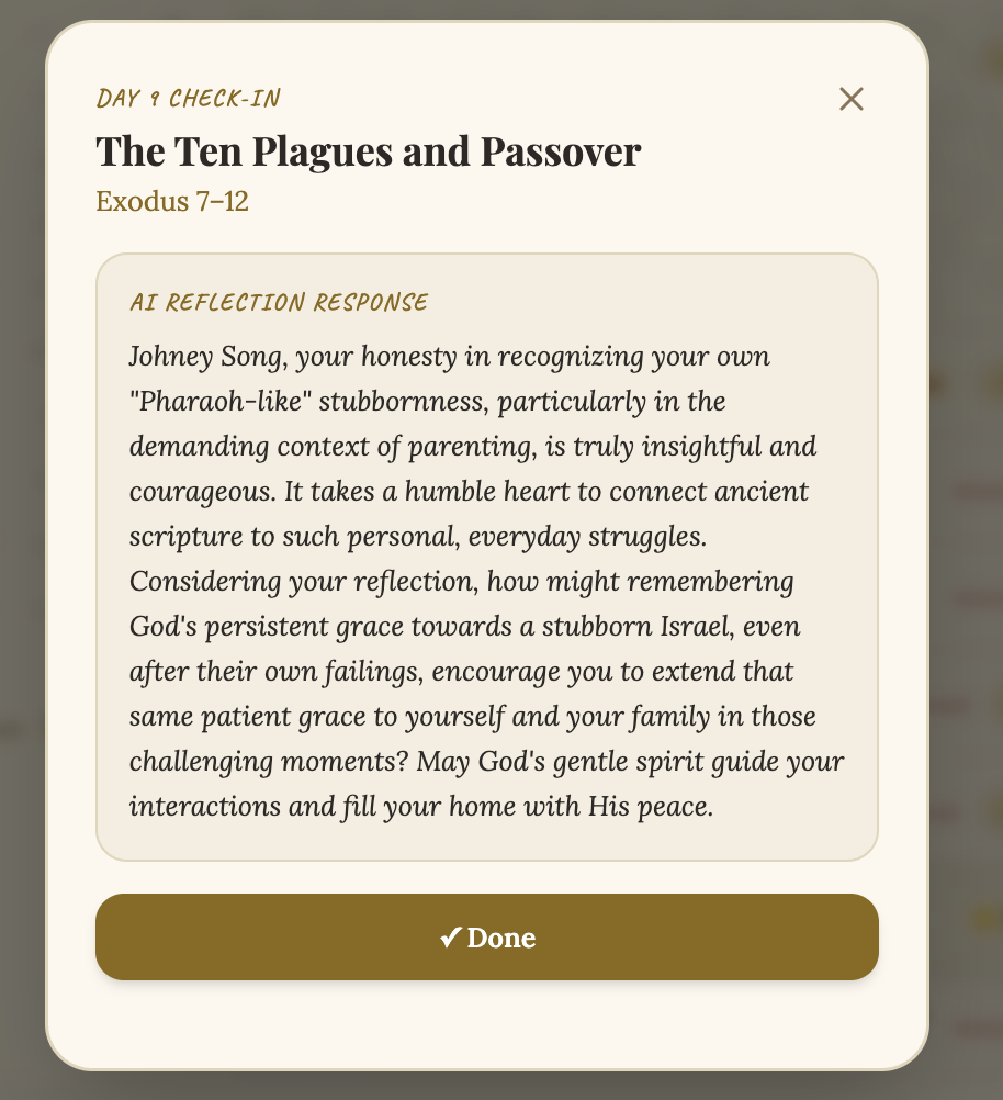BibleLum AI reflection response — gentle, Scripture-rooted reply to a user’s personal reflection on Exodus 7–12