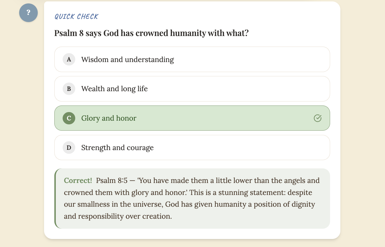 BibleLum Check step &mdash; Psalm 8 quick comprehension question with multiple choice answers