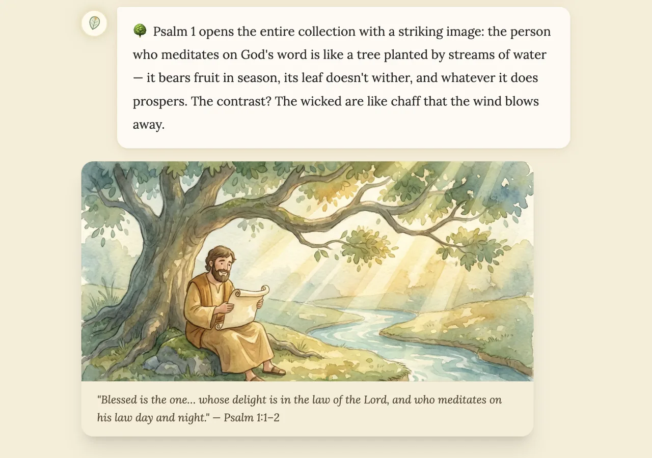 BibleLum Learn step &mdash; Psalm 1: a man meditating on God's word by a stream