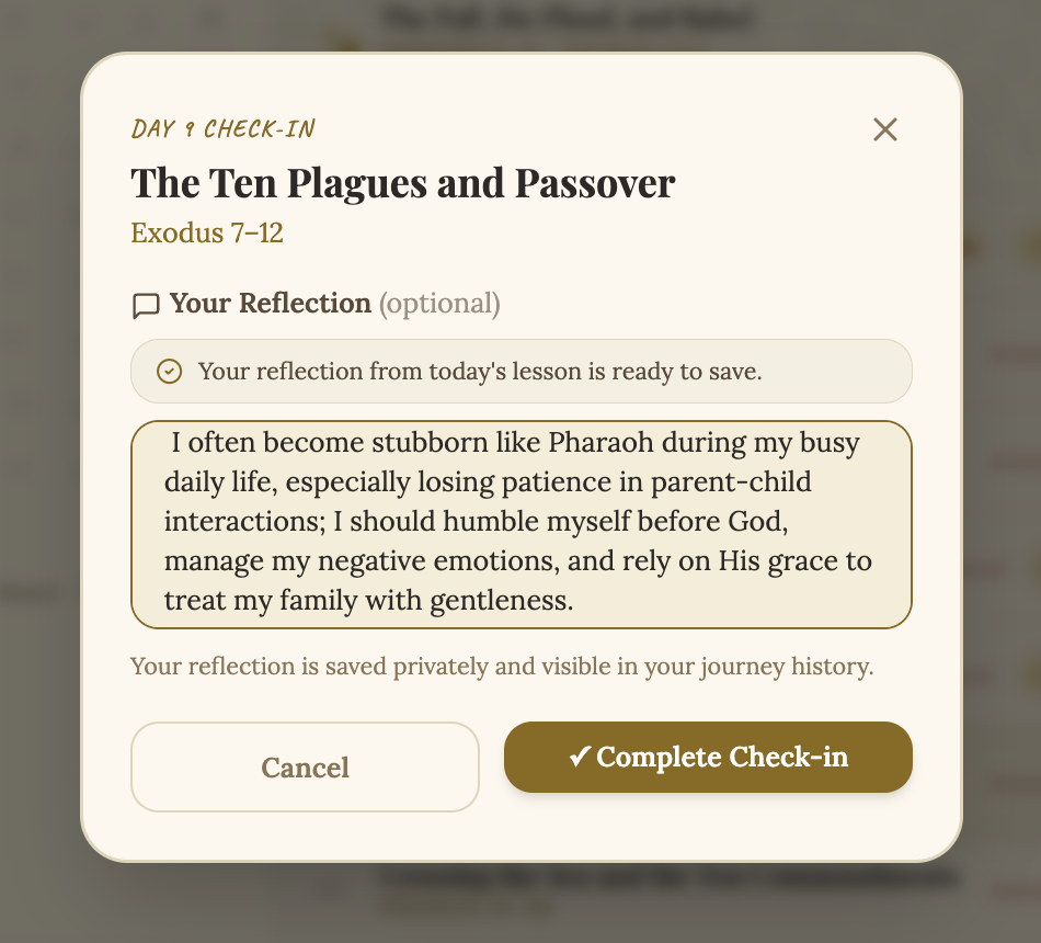 BibleLum reflection check-in — user reflection on Exodus 7–12 The Ten Plagues and Passover