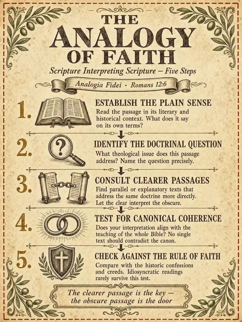 Analogy of faith — Scripture interpreting Scripture diagram showing how clearer passages illuminate harder ones in five steps from plain sense to rule of faith