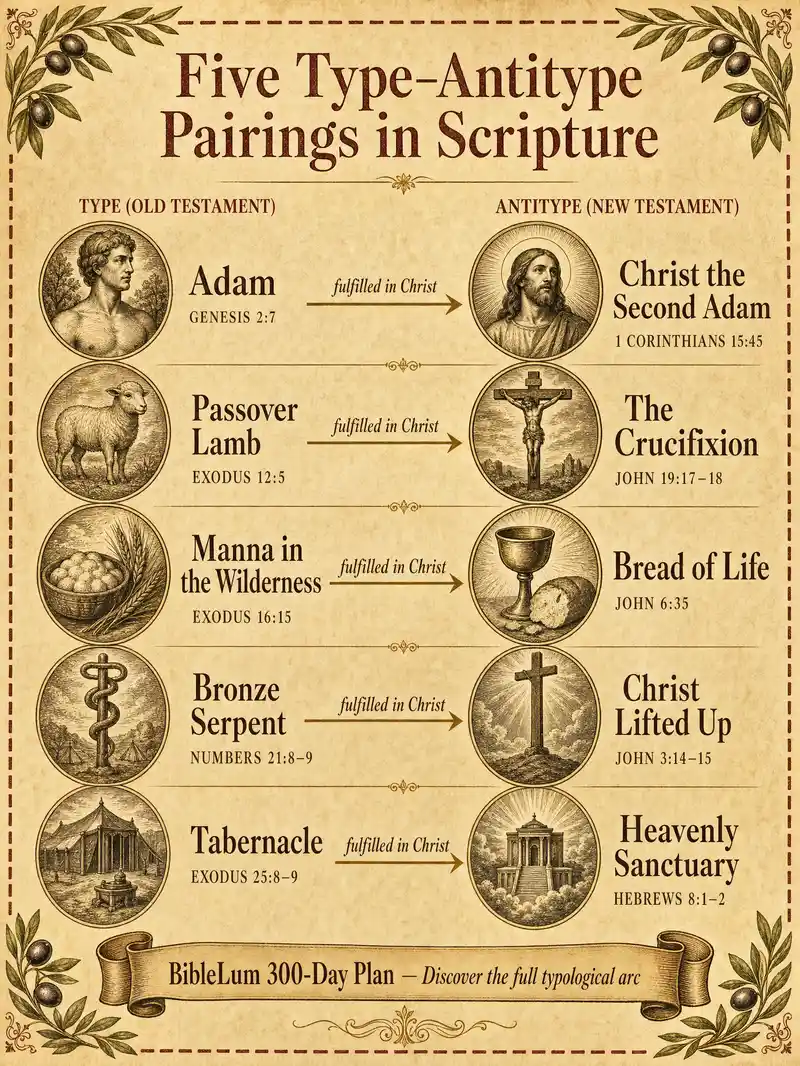 Biblical typology — Old Testament types and their New Testament antitypes mapped: Adam → Christ, Passover lamb → Crucifixion, Manna → Bread of Life, Tabernacle → Heavenly sanctuary