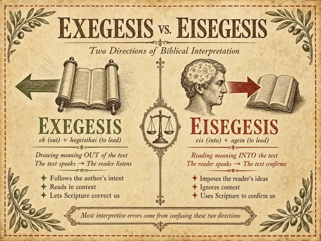 Eisegesis vs exegesis — directional diagram showing eisegesis as reading meaning into the text and exegesis as drawing meaning out of the text