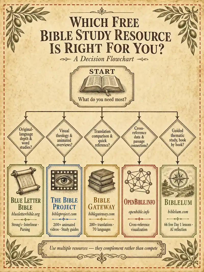 Decision flowchart for choosing a free Bible study resource — five evaluation criteria mapped to specific resource recommendations: Blue Letter Bible, The Bible Project, Bible Gateway, OpenBible.info, BibleLum