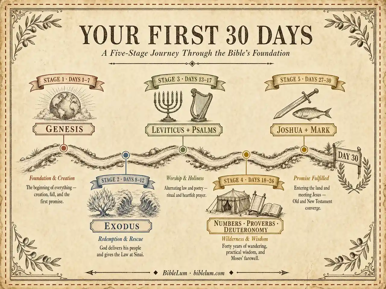 Five-stage 30-day Bible reading progress map: Days 1–7 Genesis, Days 8–12 Exodus, Days 13–17 Leviticus and Psalms, Days 18–26 Numbers Proverbs Deuteronomy, Days 27–30 Joshua and Mark