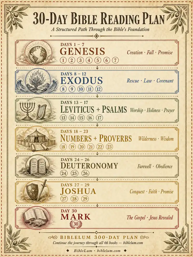 30-day Bible reading plan for beginners — Genesis through Mark, 7 stages over one month