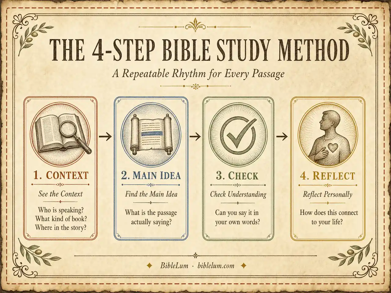 The 4-step BibleLum Bible study method for beginners — see context, find main idea, check understanding, reflect personally
