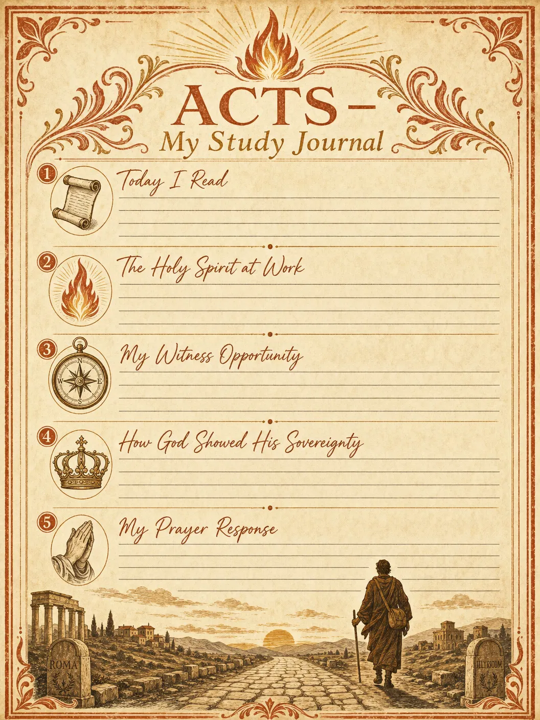 Acts Bible Study Personal Journal Template — printable verse-by-verse reflection worksheet