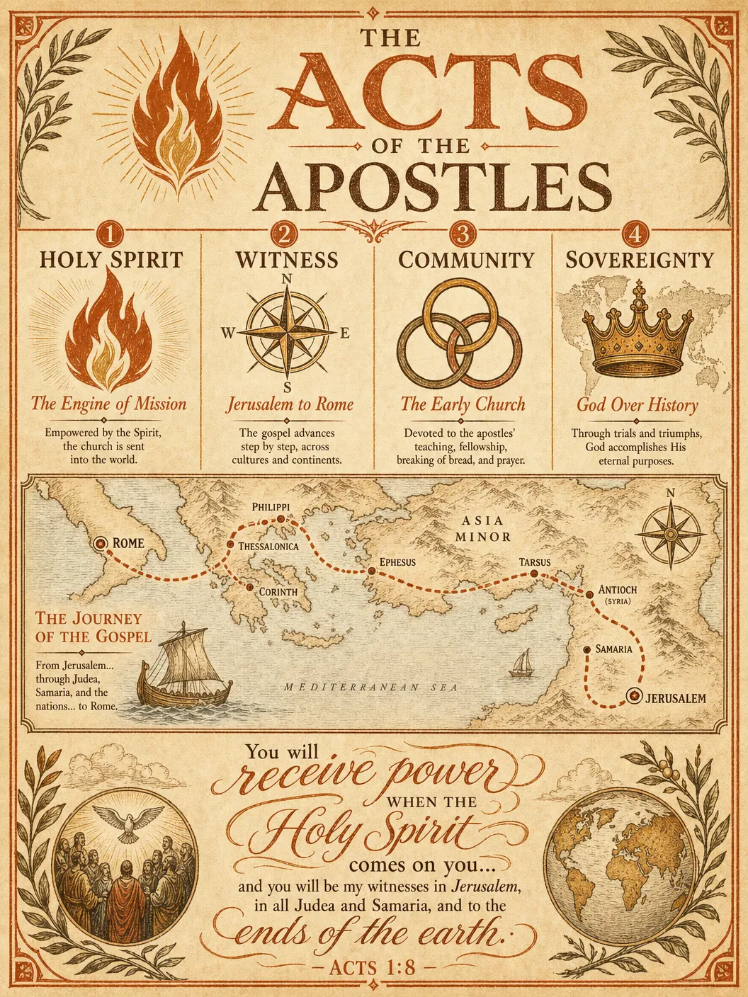 The Acts of the Apostles Visual Overview Infographic — key events, themes, and structure at a glance