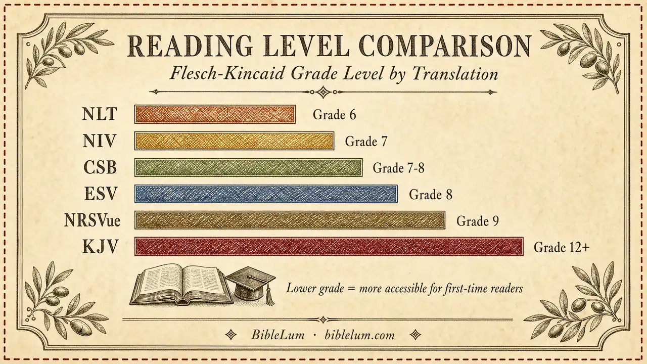 Flesch-Kincaid reading level comparison for six English Bible translations — from NLT around 6th grade to KJV around 12th grade and above