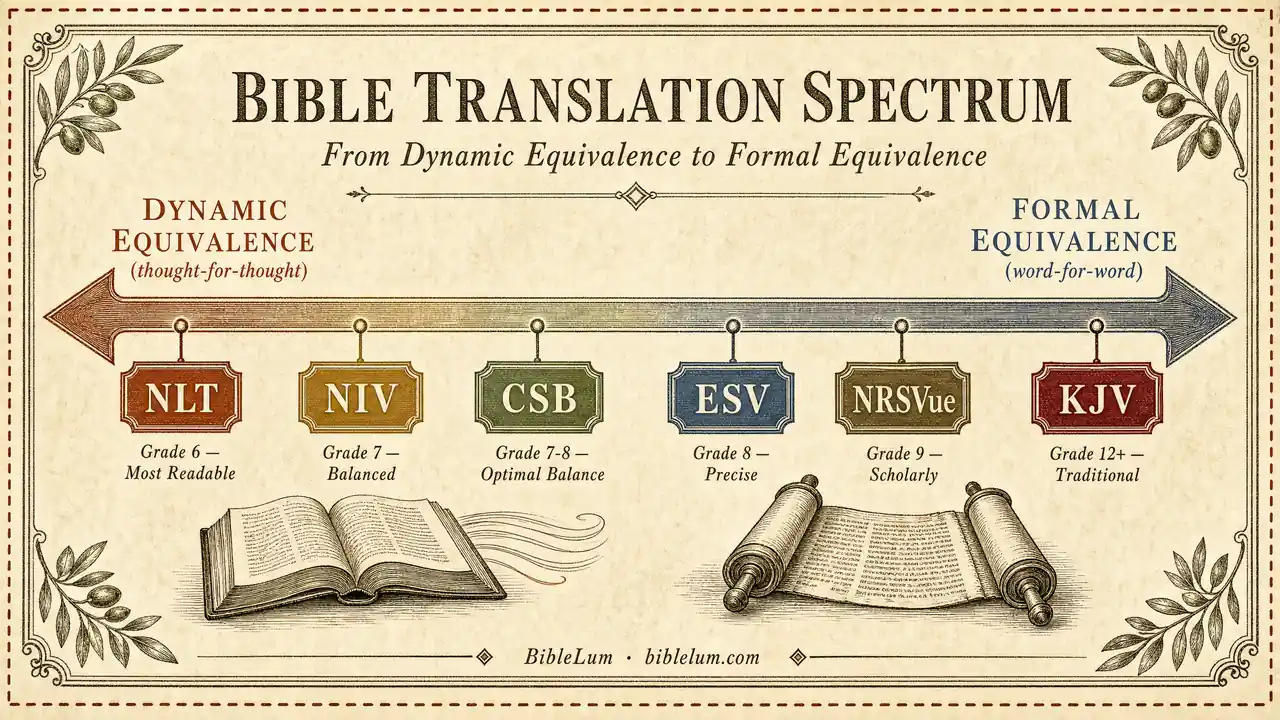 Bible translation spectrum for beginners — NLT, NIV, CSB, ESV, NRSVue, and KJV placed on the formal-vs-dynamic equivalence continuum with reading level labeled