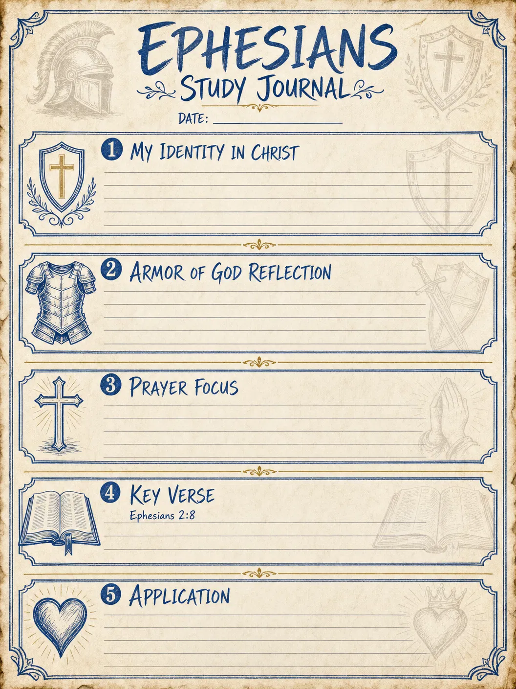 Ephesians Bible Study Personal Journal Template — printable verse-by-verse reflection worksheet