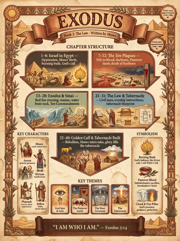 The Book of Exodus Visual Overview Infographic — key events, themes, and structure at a glance