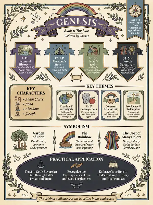 The Book of Genesis Visual Overview Infographic — key events, themes, and structure at a glance