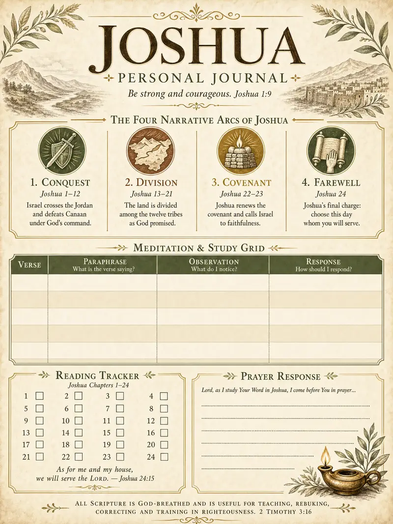 Joshua Bible Study Personal Journal Template — printable verse-by-verse reflection worksheet