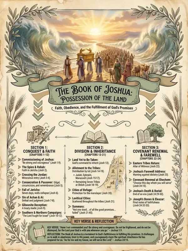 The Book of Joshua Visual Overview Infographic — key events, themes, and structure at a glance