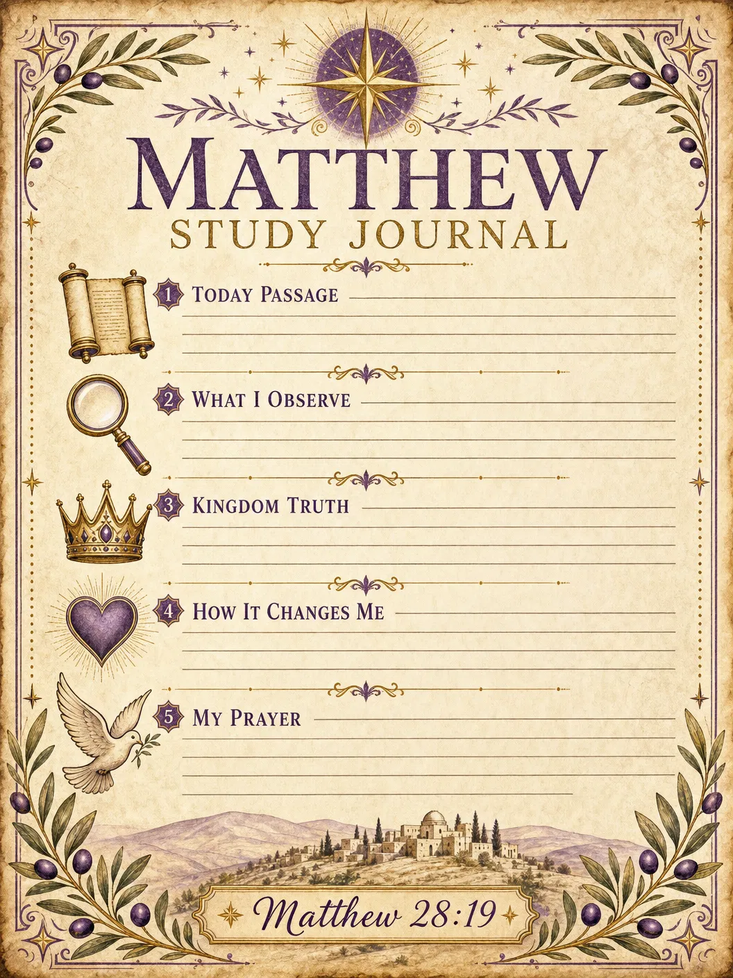 Matthew Bible Study Personal Journal Template — printable verse-by-verse reflection worksheet