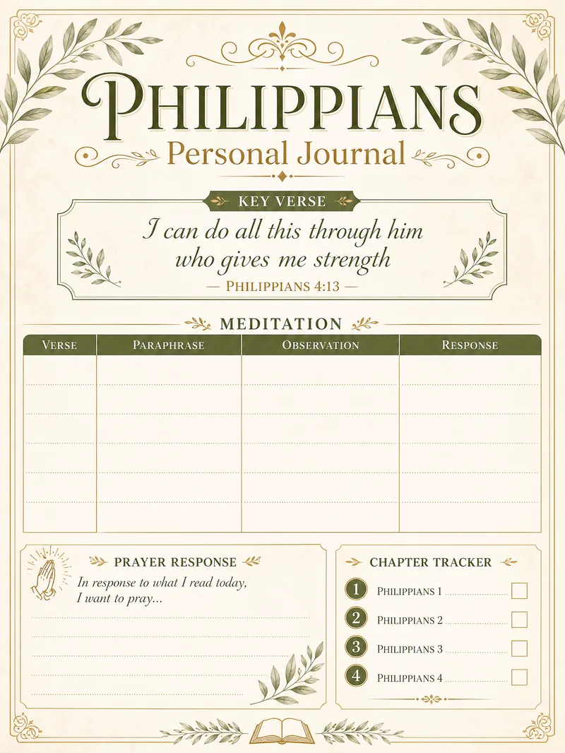 Philippians Bible Study Personal Journal Template — printable verse-by-verse reflection worksheet