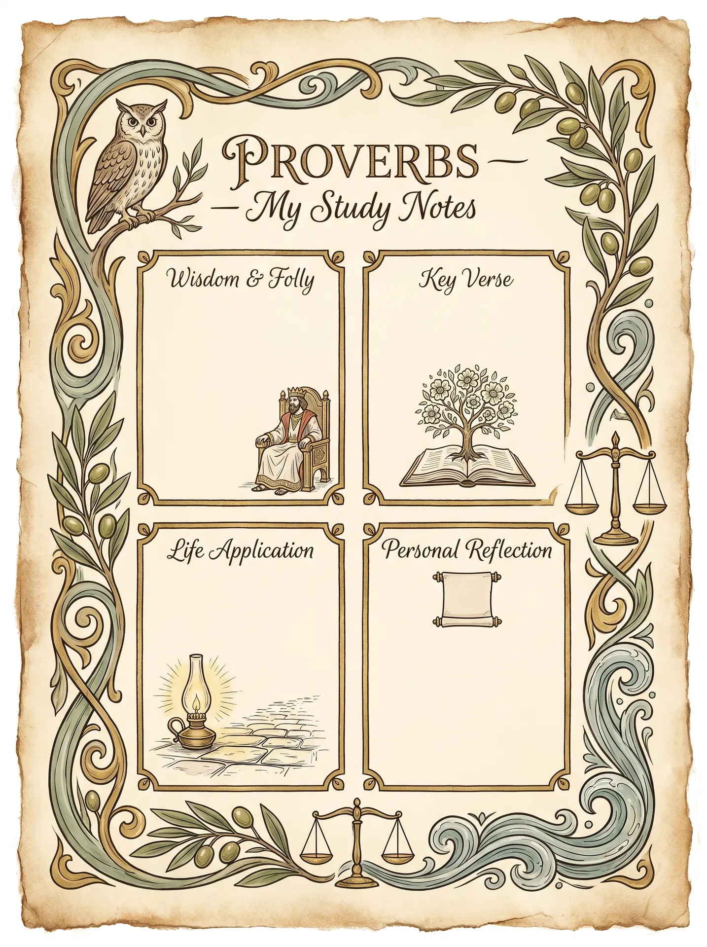 Proverbs Bible Study Personal Journal Template — printable verse-by-verse reflection worksheet