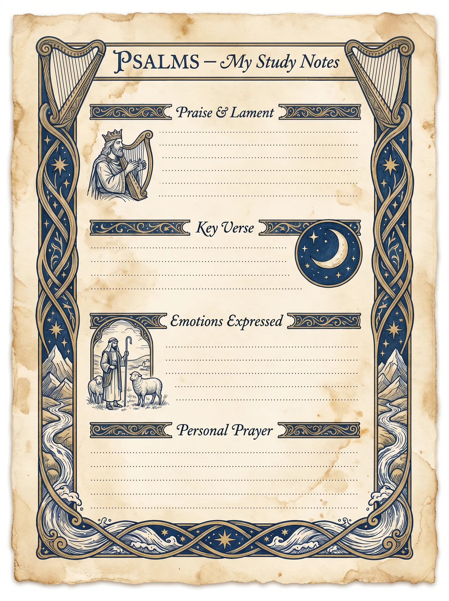 Psalms Bible Study Personal Journal Template — printable verse-by-verse reflection worksheet