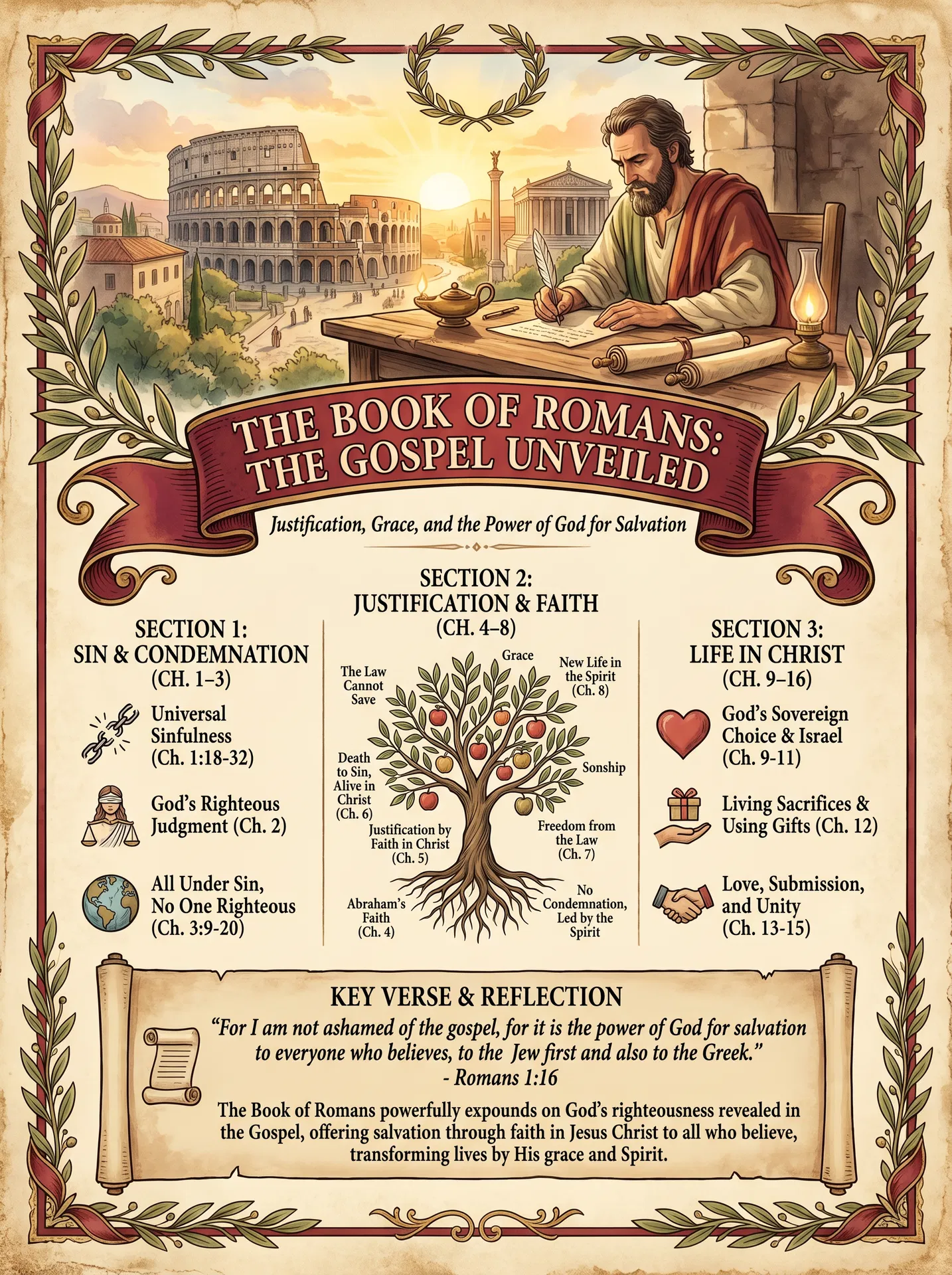 The Letter to the Romans Visual Overview Infographic — key events, themes, and structure at a glance